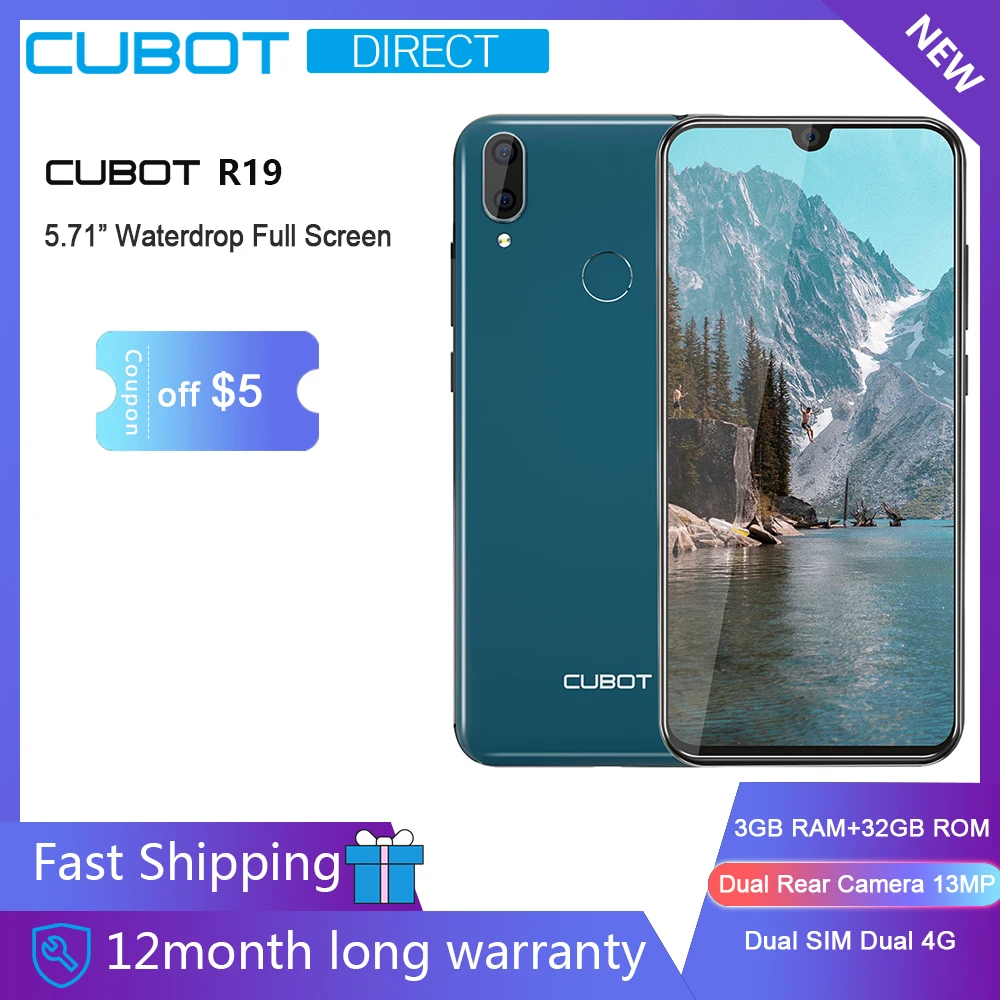 Cubot R19 Smartphone 5.71" Waterdrop Full Screen 3GB+32GB Android 9.0 Pie Helio A22 Dual Camera 13MP Face ID Cellura 4G LTE
Cubot R19 Smartphone 5.71" Waterdrop Full Screen 3GB+32GB Android 9.0 Pie Helio A22 Dual Camera 13MP Face ID Cellura 4G LTE