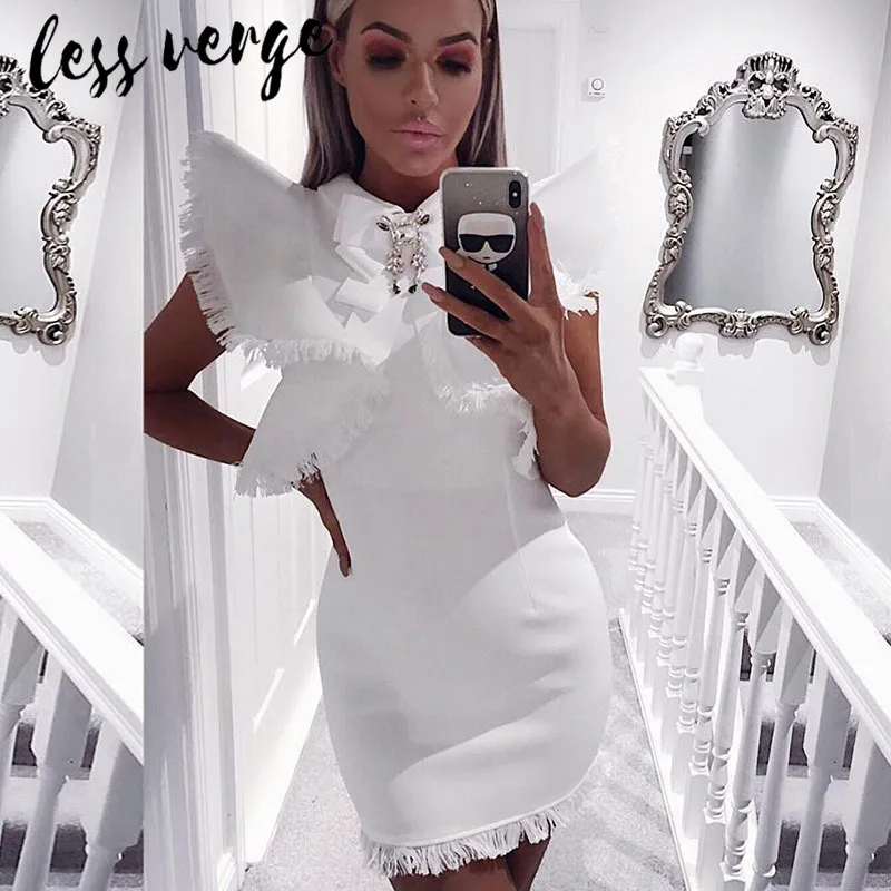 

lessverge Sexy crystal tassel white bandage dress Women black pencil bodycon dress Autumn winter short fringe runway dress femme