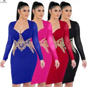 

Women Dresses Lace Embroidery Splicing Long Sleeve Bodycon Midi Dress Sexy Plunging V-neck Club Party Dresses Women Evening