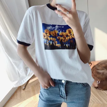 2020 Spring Summer White T-shirt Cotton O-neck Contrast Tulip Print Women's Short Sleeve
2020 Spring Summer White T-shirt Cotton O-neck Contrast Tulip Print Women's Short Sleeve
