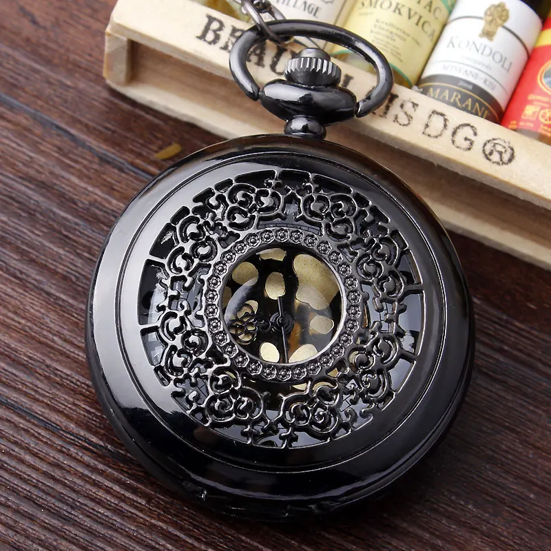 

Black Hollow-carved Design Quartz Movement Pocket Watch Arabic Numerals Dial with FOB Chain Unique Pattern Fashion Gift 2021 New