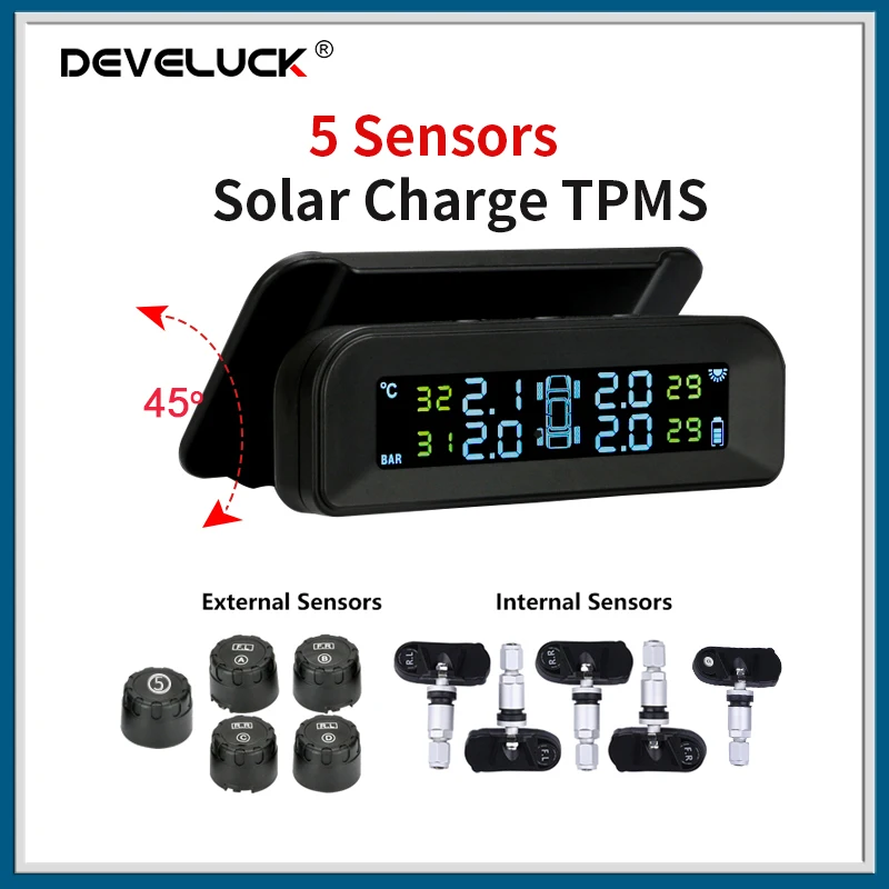 Develuck TPMS Car Tire Pressure Monitor System Adjustable Automatic Brightness Control Solar Power LCD Screen Wireless 5 Tires
Develuck TPMS Car Tire Pressure Monitor System Adjustable Automatic Brightness Control Solar Power LCD Screen Wireless 5 Tires