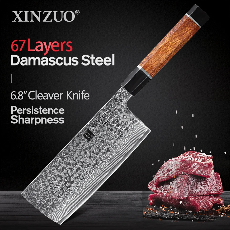

XINZUO 67 Layer Damascus Steel 6.8'' Cleaver Meat Kitchen Knife Ironwood Handle Japanese Chef Filleting Meat Utility Knife