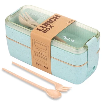 

Wheat Straw Environmental Protection Compartment Lunch Box with Cutlery Japanese Double-Layer Lunch Box