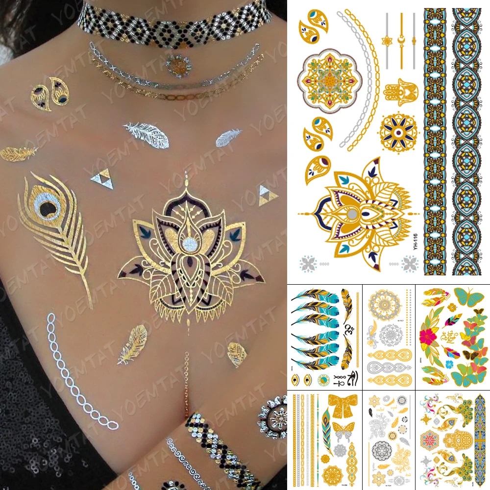 Водонепроницаемый временная татуировка Стикеры лотоса серьги Henna Mandala Перья