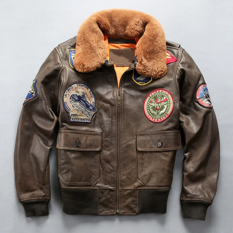 2020 Brown Men Top Gun G1 Pilot Jacket Wool Collar Plus Size XXXL Genuine Cowhide Short Aviator Leather Coat
2020 Brown Men Top Gun G1 Pilot Jacket Wool Collar Plus Size XXXL Genuine Cowhide Short Aviator Leather Coat