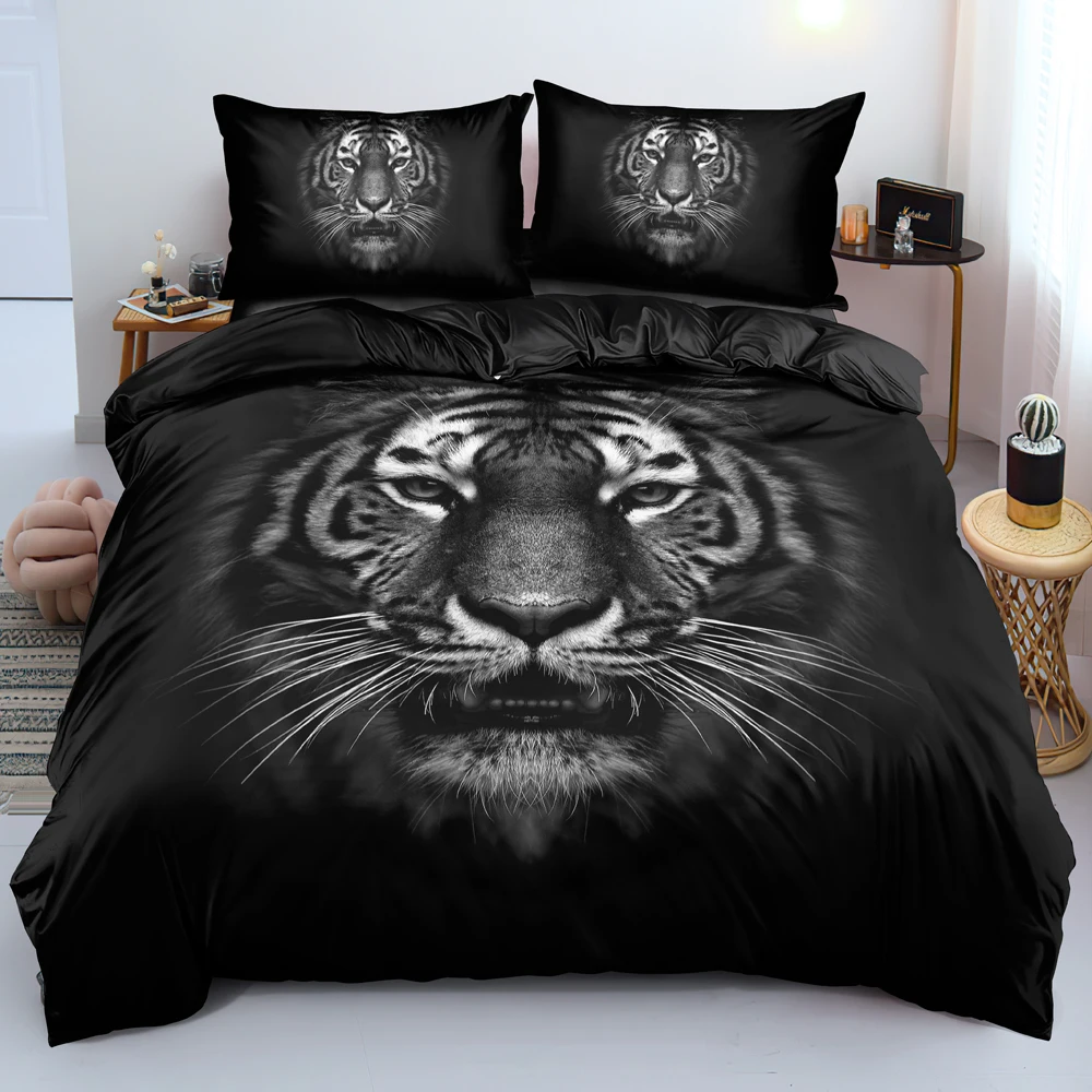 

3D Black Comforter Covers Custom Design Tiger Quilt Cover Sets Pillow Slips 203*230cm Full Twin Double King Size Animal Beddings