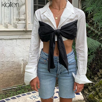KLALIEN 2020 spring Fashion Patchwork Short Women Turn-down Collar Long Sleeve With Black Bow High Street Wear Crop Top hot sale
KLALIEN 2020 spring Fashion Patchwork Short Women Turn-down Collar Long Sleeve With Black Bow High Street Wear Crop Top hot sale