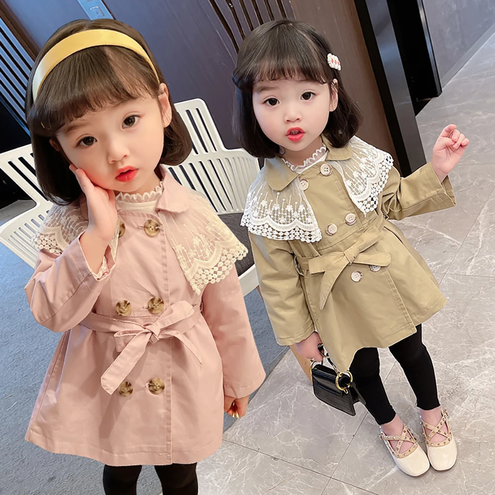 

Infant Baby Girls Trench Coats Fashion Kids Jacket Lace Collar Double Breast Windbreaker 2021 New Spring Autumn Children Clothes