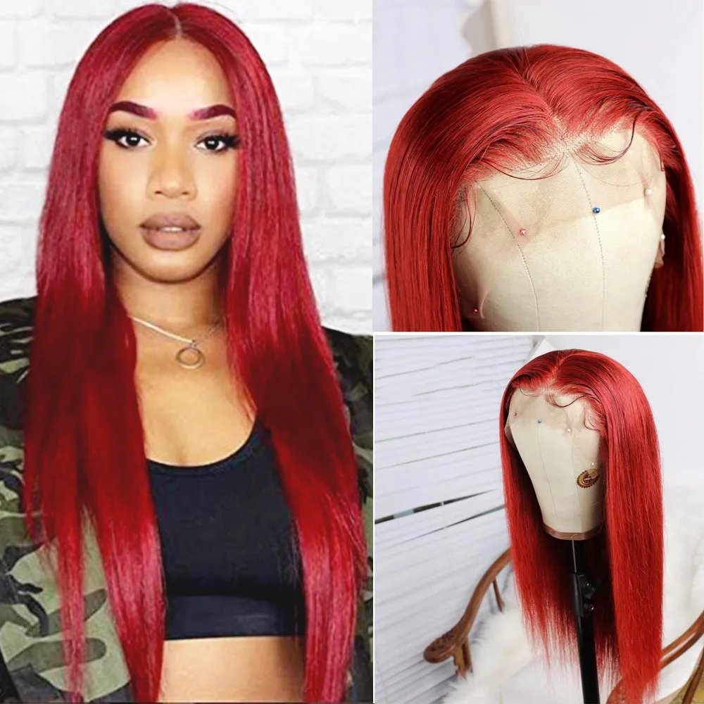 Full Lace Wigs Red Straight Brazilian Remy Hair Preplucked Bleached Konts Glueless Wigs With Transpartent Lace For Women