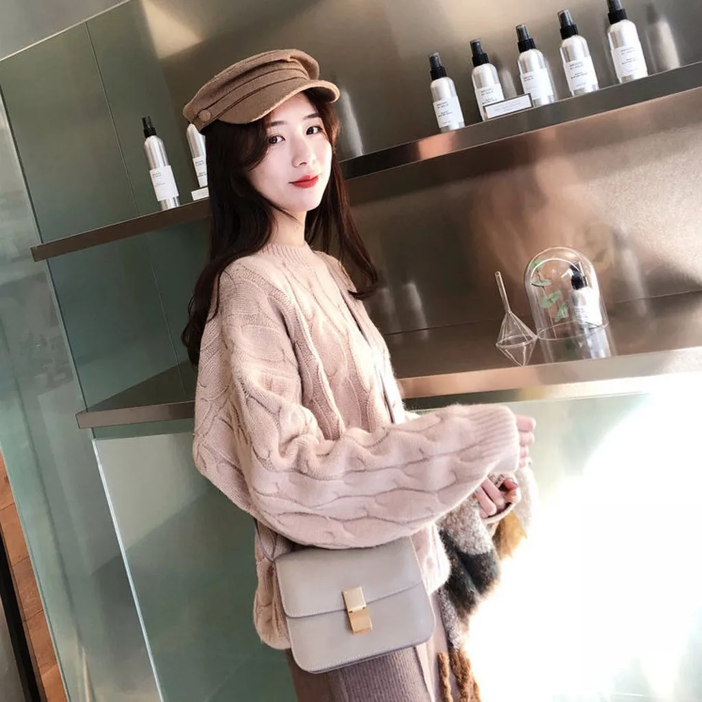 Jaycosin Fashion Women Casual Simple Long Sleeve Knitting Sweater Stylish Solid Color Comfortable Warm Lazy Wind Sweater