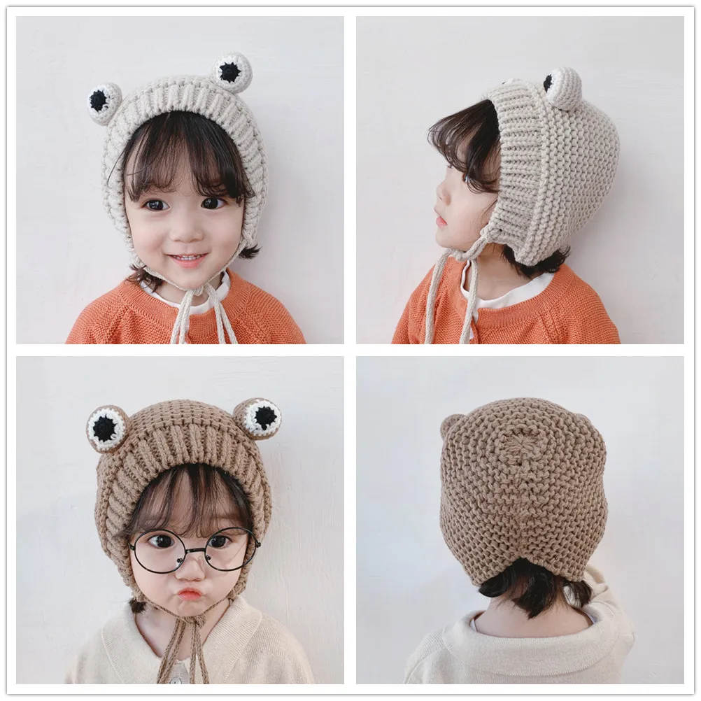 

Children's Animals Handmade Caps Baby Frog Eyes Knit Knit Earmuffs Baby Hat Cute Cartoon Frog Cap Winter Hat