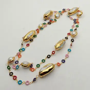 46" Cultured White Keshi Pearl Multi Color Enamel Ring Chain Long Necklace
46" Cultured White Keshi Pearl Multi Color Enamel Ring Chain Long Necklace