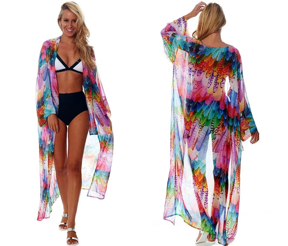 

Saida de praia Fashion Beach Bikini Cover Up Women Beachwear Multicolored Tropical Printed Maxi Kimono Cardigan Holiday Dress