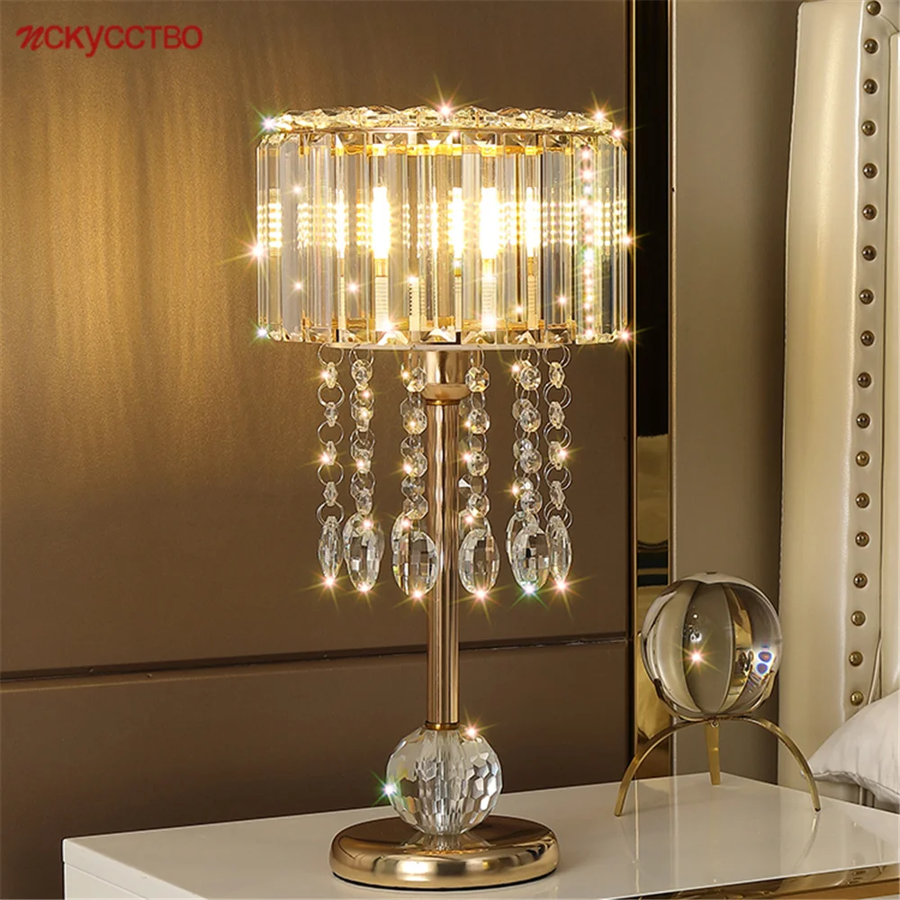 

American Luxury Crystal Shade Tassel Led Table Lamp For Living Room Bedroom Loft Home Deco Bedside Gold Nightstand Light Fixture