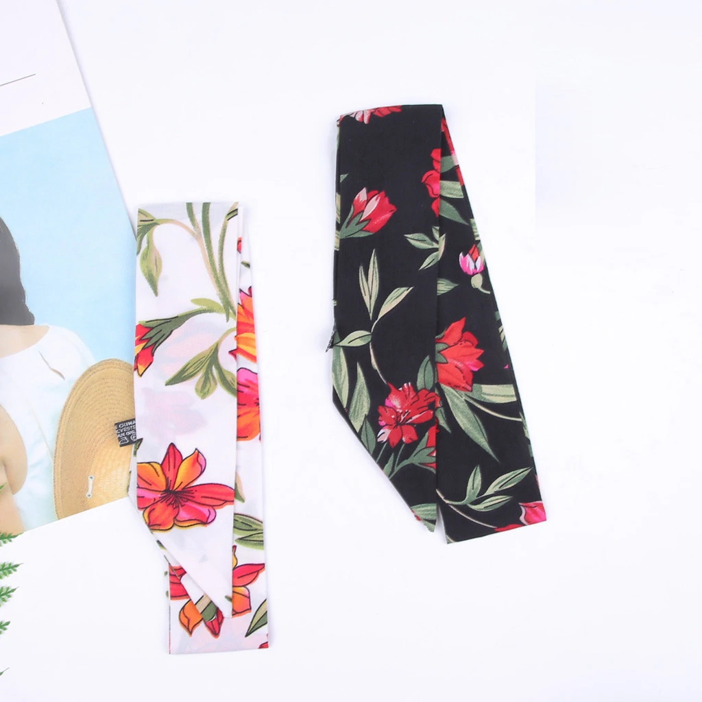 Square Scarf Hair Tie Band Flower Printing Business Party Women Elegant Small Vintage Skinny Retro Head Neck Scarf 919