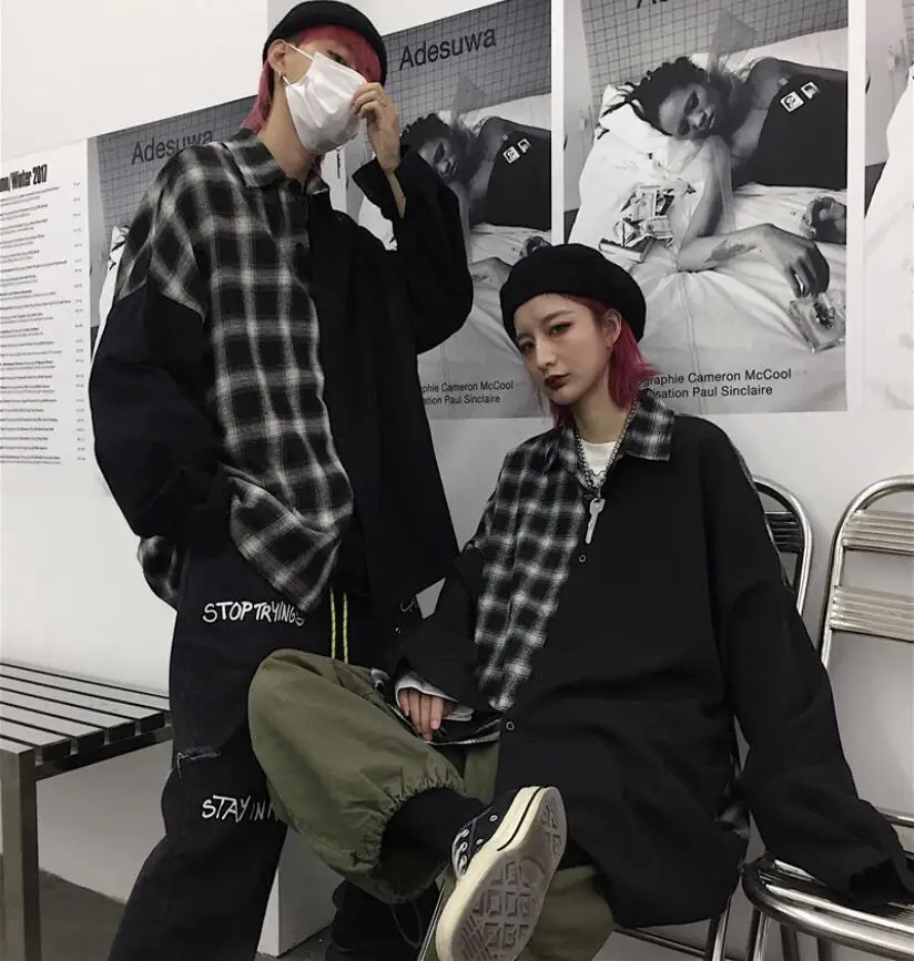 Autumn new Harajuku patchwork plaid man and women long sleeve shirt 
Autumn new Harajuku patchwork plaid man and women long sleeve shirt