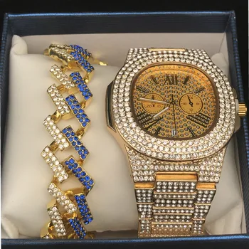 Luxury Men Gold Color Stylish Watch & Braclete Combo Set Men Ice Out Cuban Watch Hip Hop Rock Braclete Chain Hip Hop For Men 
Luxury Men Gold Color Stylish Watch & Braclete Combo Set Men Ice Out Cuban Watch Hip Hop Rock Braclete Chain Hip Hop For Men