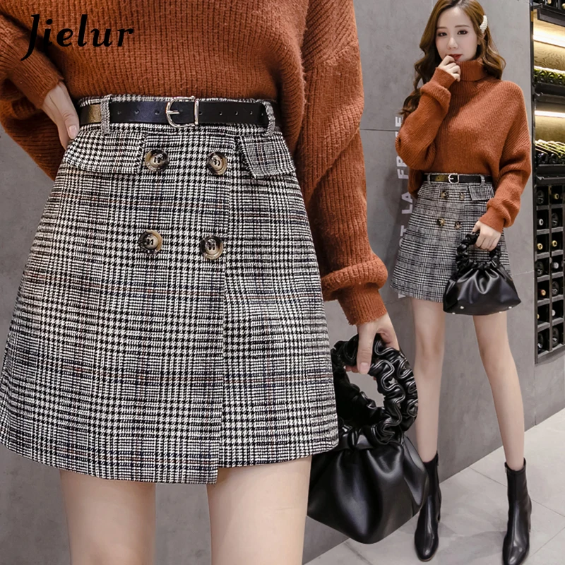 

Jielur Plaid A-Line Skirt Thick Fashion Button with Sashes New Autumn Winter Saia Korean Slim All-match Faldas Mujer Moda 2021