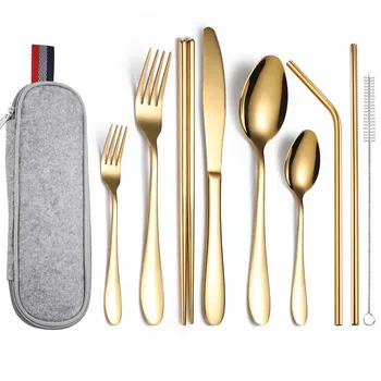 Portable Cutlery Set Outdoor Cutlery Set Stainless Steel Set Tableware Spoon Fork Straw Knife Golden Dinnerware Set Camping 9 Pc
Portable Cutlery Set Outdoor Cutlery Set Stainless Steel Set Tableware Spoon Fork Straw Knife Golden Dinnerware Set Camping 9 Pc