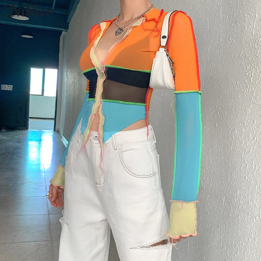FREE SHIPPING See Through Crop Tops Patchwork JKP4345
