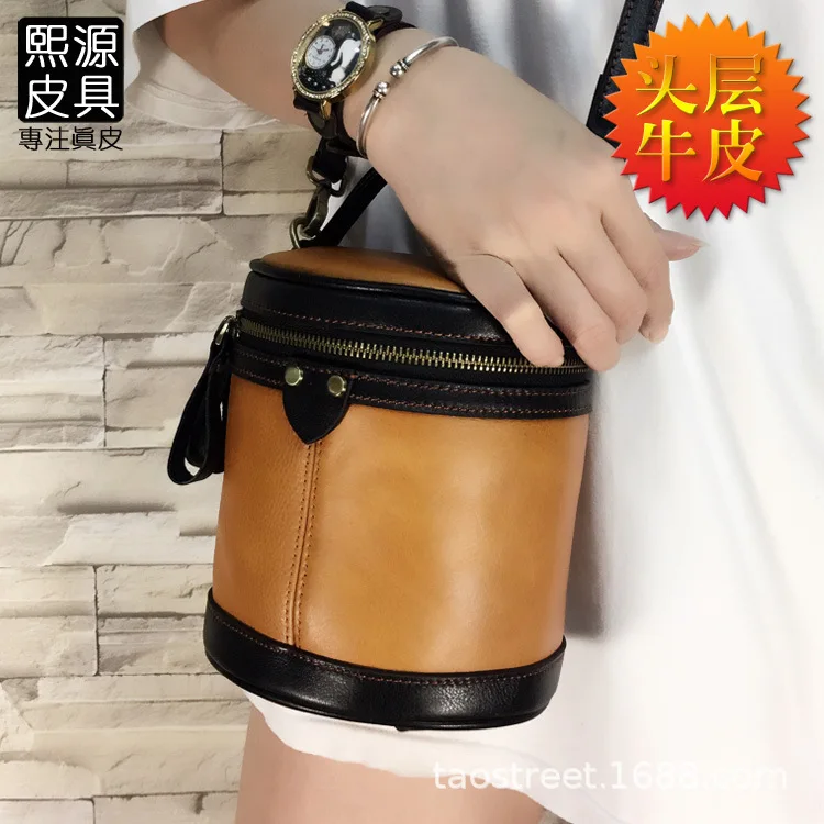 Origional Genuine Leather Contrast Color WOMEN'S Bag Retro Skeleton-skin Bucket Bag Full-grain Leather Crossbody Bag Handbag 
Origional Genuine Leather Contrast Color WOMEN'S Bag Retro Skeleton-skin Bucket Bag Full-grain Leather Crossbody Bag Handbag
