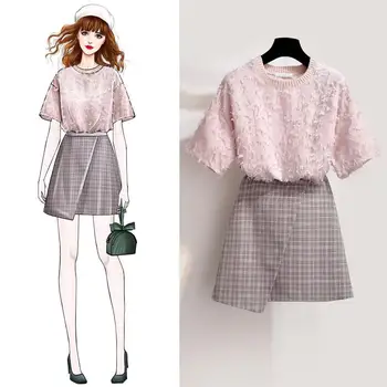 Women 2020 Summer Two Piece Skirt Sets Pink Short Sleeve Top+Plaid Irregular Mini Skirt Cute Outfits Two Piece Set Korean Style
Women 2020 Summer Two Piece Skirt Sets Pink Short Sleeve Top+Plaid Irregular Mini Skirt Cute Outfits Two Piece Set Korean Style