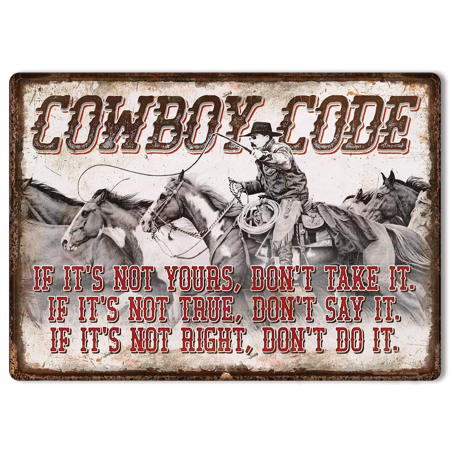 Retro Tin Sign Cowboy Code Metal Wall Plaque Outdoor Indoor Wall Panel Retro Vintage Mural Size 20x30 cm Poster 
Retro Tin Sign Cowboy Code Metal Wall Plaque Outdoor Indoor Wall Panel Retro Vintage Mural Size 20x30 cm Poster