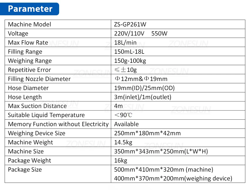 ZONEPACK ZS-GP261W Semi-automatic Filling Machine Edible Oil Hydraulic Engine Oil Weighing Gear Pump Plastic Bottle Vial Filler