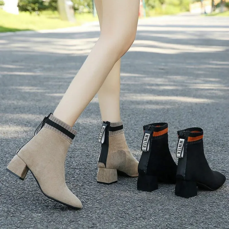2020 Autumn Winter Knitted Stretch Fabric Socks Women Boots Low Heel Short Pointed Toe Ankle Black Khaki Botas Mujer
2020 Autumn Winter Knitted Stretch Fabric Socks Women Boots Low Heel Short Pointed Toe Ankle Black Khaki Botas Mujer