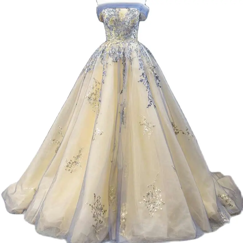 Blue Gold Sequins Prom Dresses Off Shoulder Straight neckline Cream Evening Gowns Sweep Train Plus Size Satin Formal Dress
Blue Gold Sequins Prom Dresses Off Shoulder Straight neckline Cream Evening Gowns Sweep Train Plus Size Satin Formal Dress