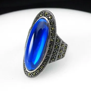 

FNJ Blue Corundum Rings 925 Silver Original S925 Thai Silver Ring for Women Jewelry MARCASITE