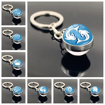 Twelve Constellation Pattern Key Ring Metal Keyring Time Stone Double-sided Glass Ball Charm Pendant Key Chain Women Mens Gifts