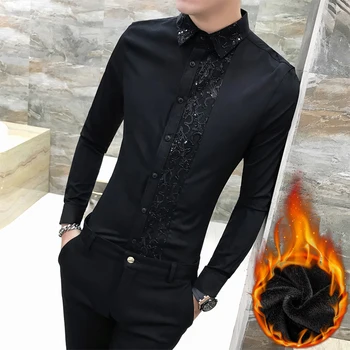 Lace Splice Men Shirt Long Sleeve Warm Thick Fleece Shirt Velvet Thickening Casual Slim Fit Social Shirts Chemise Homme 
Lace Splice Men Shirt Long Sleeve Warm Thick Fleece Shirt Velvet Thickening Casual Slim Fit Social Shirts Chemise Homme