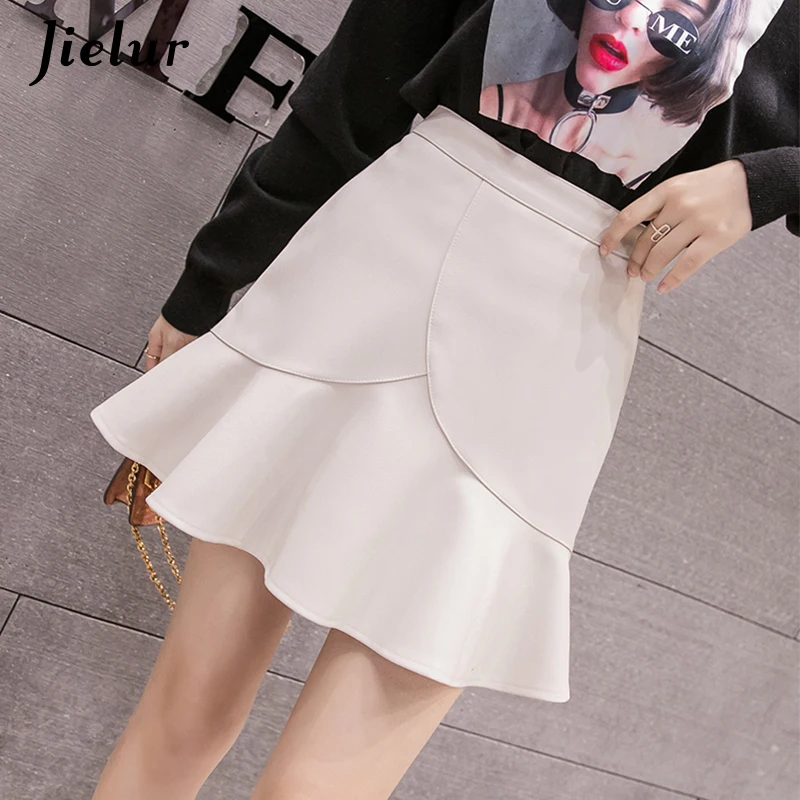 

Jielur Autumn Mermaid Apricot Women Skirt Fashion Chic High Waist Skirts A-Line PU Mini Saia Korean Sexy Faldas Mujer 2019 S-XL