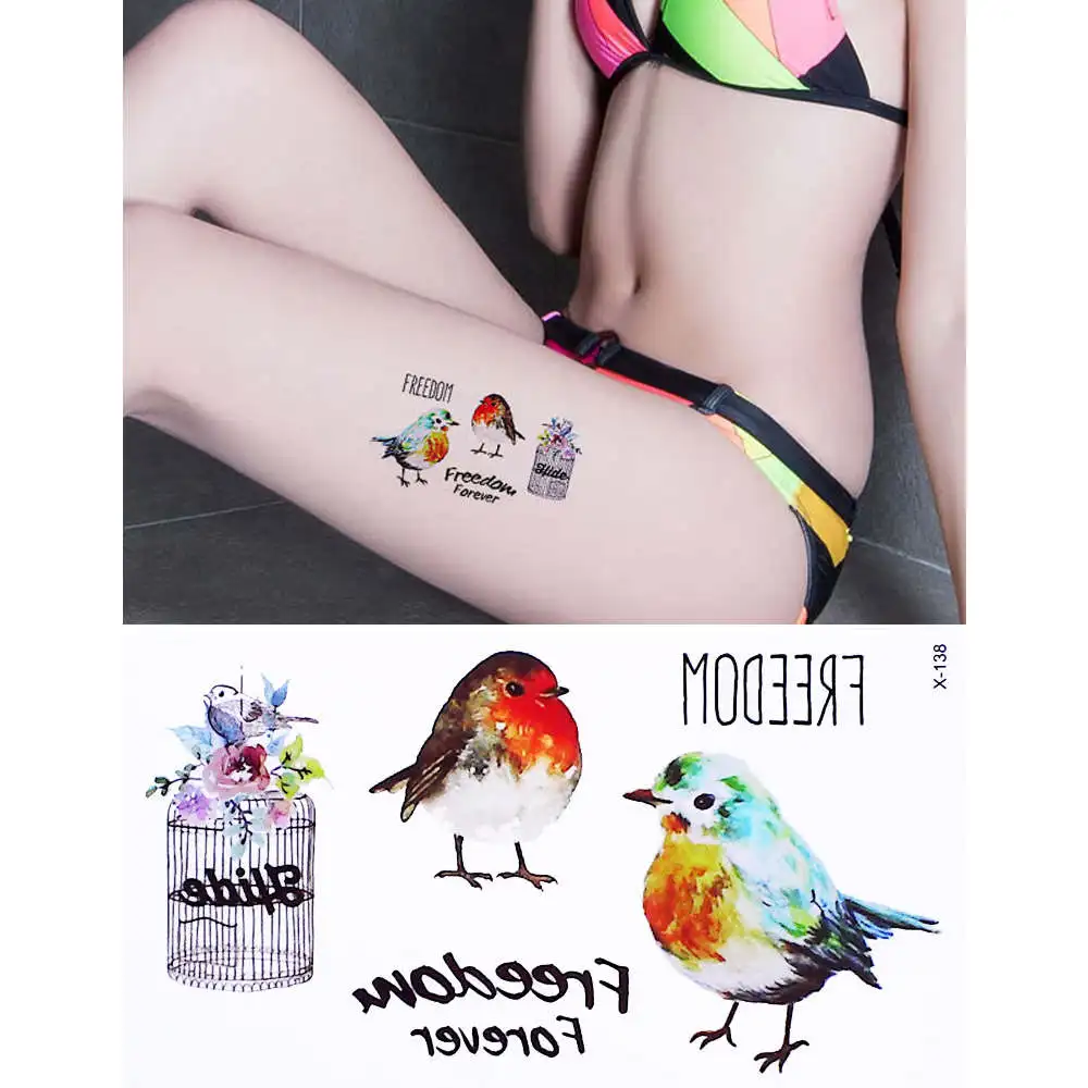 Фото Birdcage Waterproof Tattoo Sticker Bird Temporary Tatoo Hand Leg Back Wrist Girl Women Freedom Fake Tattoos Flower Flash Tatto | Красота и