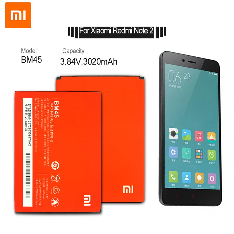 Оригинальный мобильный телефон Xiaomi BM45 аккумулятор для Redmi Note 2 Hongmi Note2 сменные батареи реальная емкость 3020