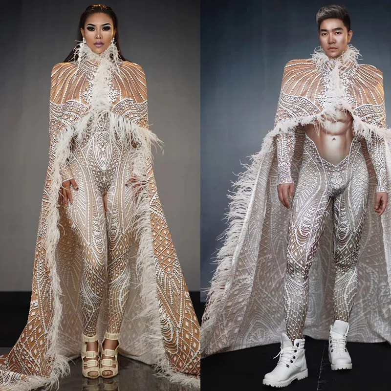 Fashion Winter Pattern Stage Jumpsuit with Feather Long Cloak Detachable Two-piece Set Women Men Party Singer Dancer Stage Wear
Fashion Winter Pattern Stage Jumpsuit with Feather Long Cloak Detachable Two-piece Set Women Men Party Singer Dancer Stage Wear