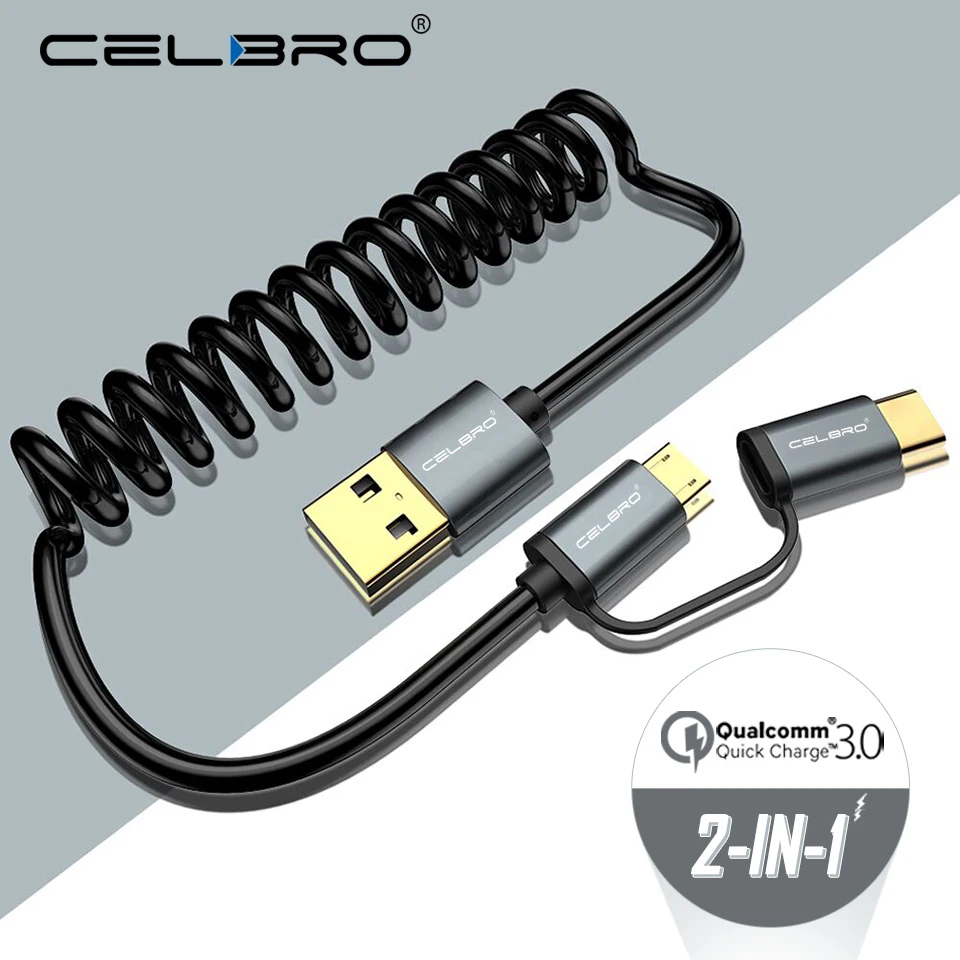 2 in 1 Micro USB Type C Charger Spring Coiled Cable USB-C Retractable Extension Charging Wire Type-C Cable for Samsung S10 Plus
2 in 1 Micro USB Type C Charger Spring Coiled Cable USB-C Retractable Extension Charging Wire Type-C Cable for Samsung S10 Plus