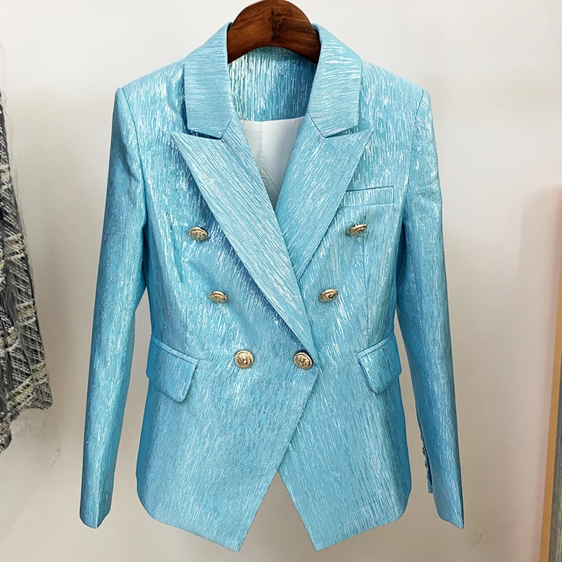 

HIGH STREET Newest 2021 Designer Jacket Women's Double Breasted Lion Buttons Slim Fitting Glitter Blazer