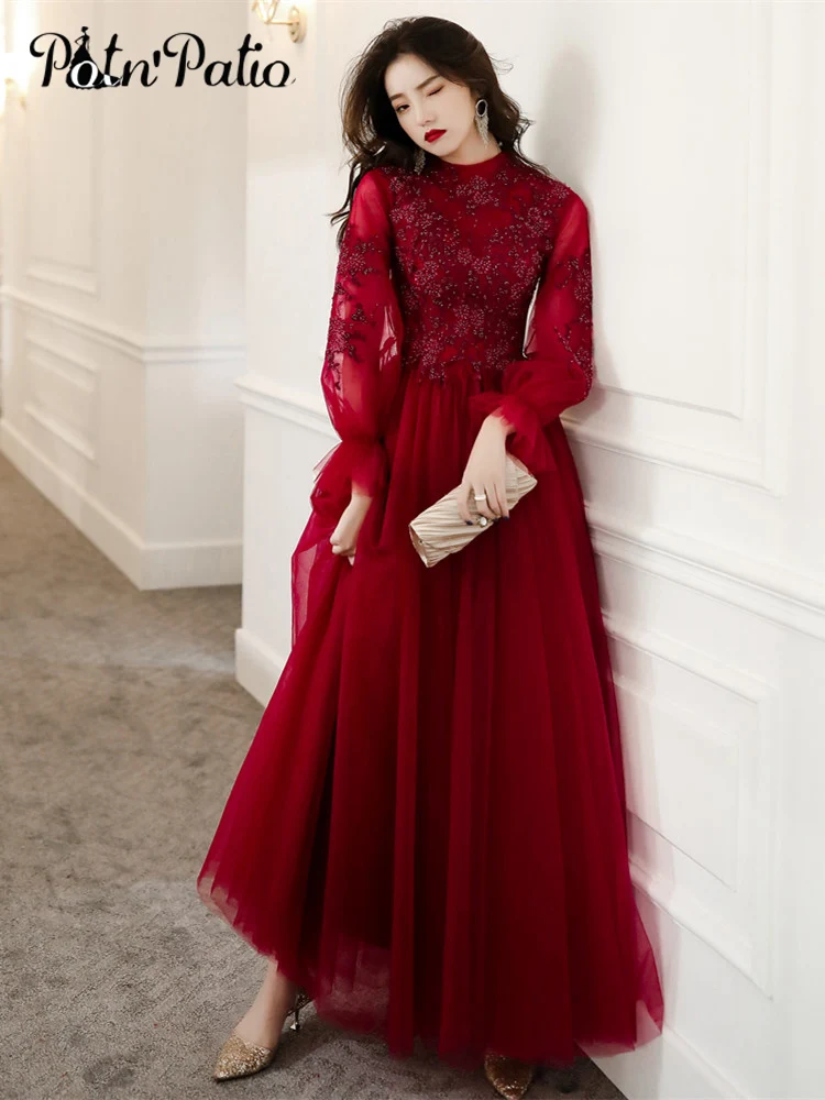 Wine Red Modest Evening Dresses With Long Sleeve Beaded Appliques A-line Floor-length Tulle Long Formal Gowns For Women
Wine Red Modest Evening Dresses With Long Sleeve Beaded Appliques A-line Floor-length Tulle Long Formal Gowns For Women