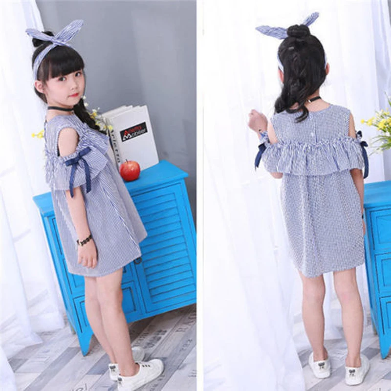 2020 Fashion Sweet Lovely Summer Dress Toddler Baby Girls Off Shoulder O-Neck Bow Blue Striped Straight Mini Dress Outfit Party 2020 Fashion Sweet Lovely Summer Dress Toddler Baby Girls Off Shoulder O-Neck Bow Blue Striped Straight Mini Dress Outfit Party