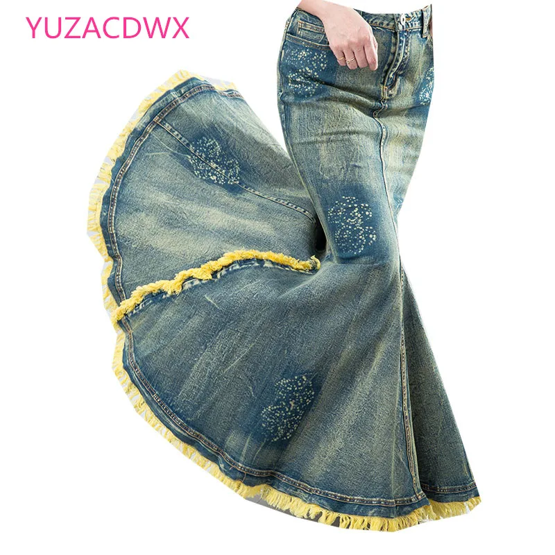 High Quality 2022 Fashion Long Maxi Denim Skirt Women Mermaid Style Fish Tail High Waist Tassels S-XL Stretch
High Quality 2022 Fashion Long Maxi Denim Skirt Women Mermaid Style Fish Tail High Waist Tassels S-XL Stretch