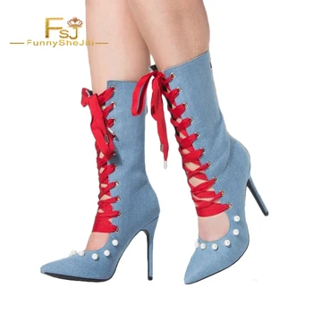 FSJ Fashion Women's Denim Boots Pointy Toe Stiletto Heels Lace up Boots with Pearl Back Zipper High Heels Women Mid-Calf Boots
FSJ Fashion Women's Denim Boots Pointy Toe Stiletto Heels Lace up Boots with Pearl Back Zipper High Heels Women Mid-Calf Boots