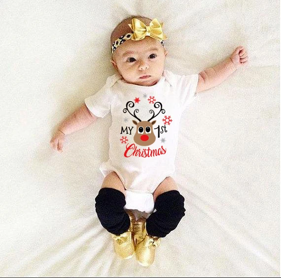 

Infant Newborn Baby Girls Boys Short Sleeve My First Christmas Letter Print Bodysuit Jumpsuit Outfit Christmas Clothes