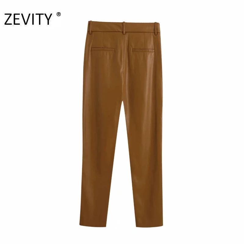 ZEVITY Women fashion solid PU leather straight pants female zipper fly casual slim long Trousers chic autumn business pants P935