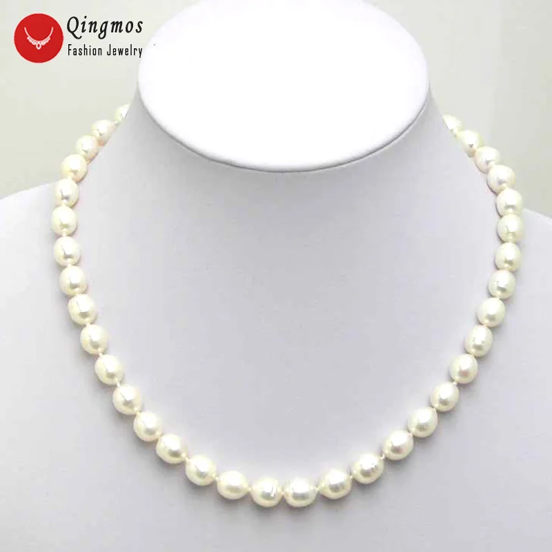 

Qingmos Natural Freshwater White Pearl Necklace for Women with 7-8mm Rice Pearl Chokers 17" Fine Jewelry Collier naszyjnik 5024