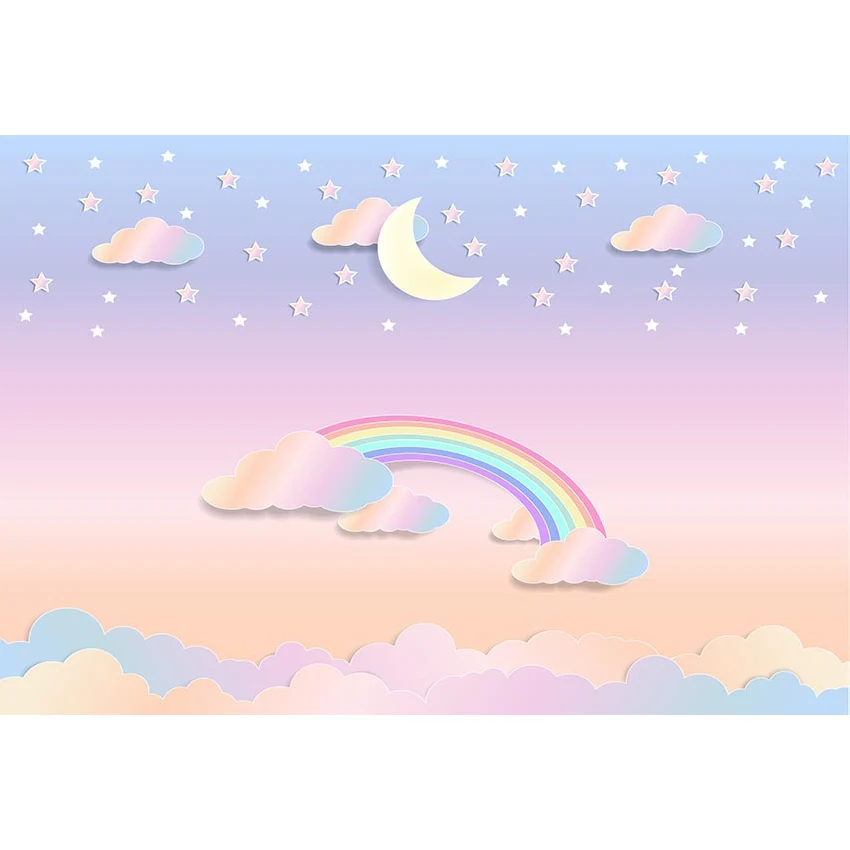 

Happy Birthday Rainbow Backdrop for Newborn Baby Shower Printed Clouds Moon Stars Kids Children Party Theme Photo Background