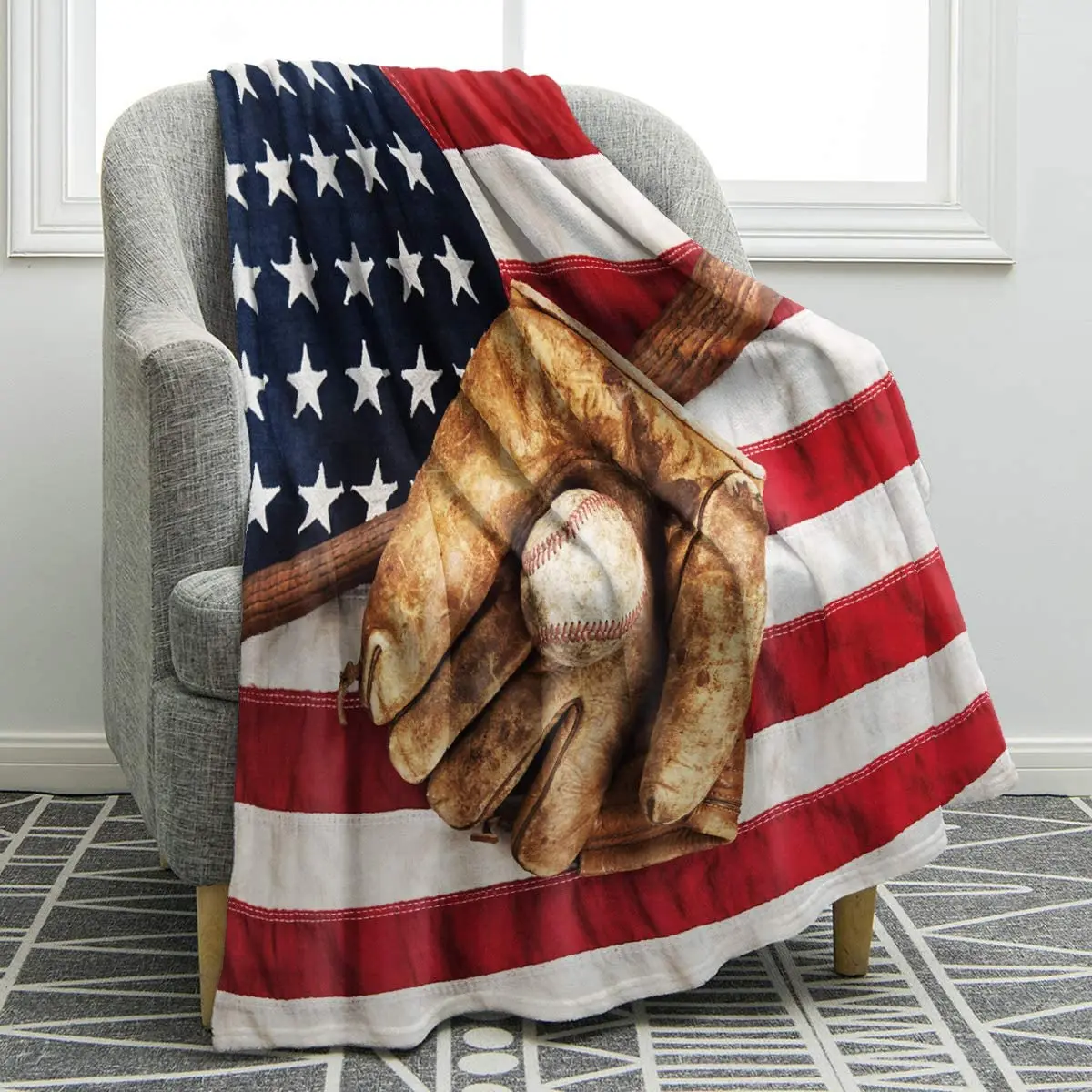 Vintage Baseball Sport American Flag Soft Warm Print Throw Blanket for Adults Gift | Дом и сад