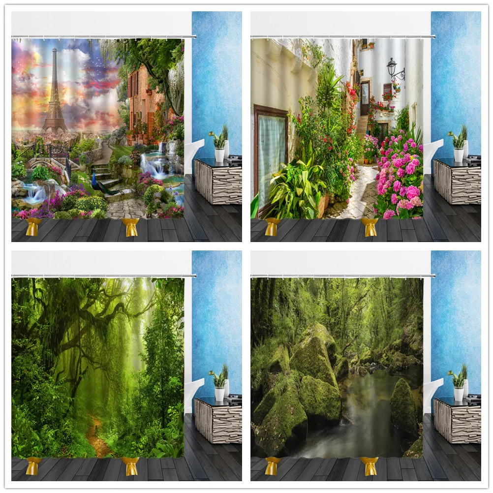 

Garden Flowers Scenery Shower Curtains Forest Green Plants Bath Curtain Waterproof Bathroom Home Decor Washable Fabric Screens